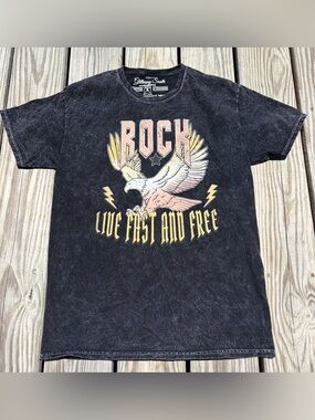 Glittering South Rock And Roll Graphic Print Black Acid Wash Crew Neck T-Shirt M